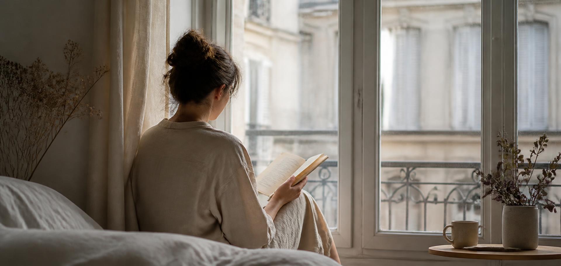 A woman sitting by a window, seen from behind, reading
