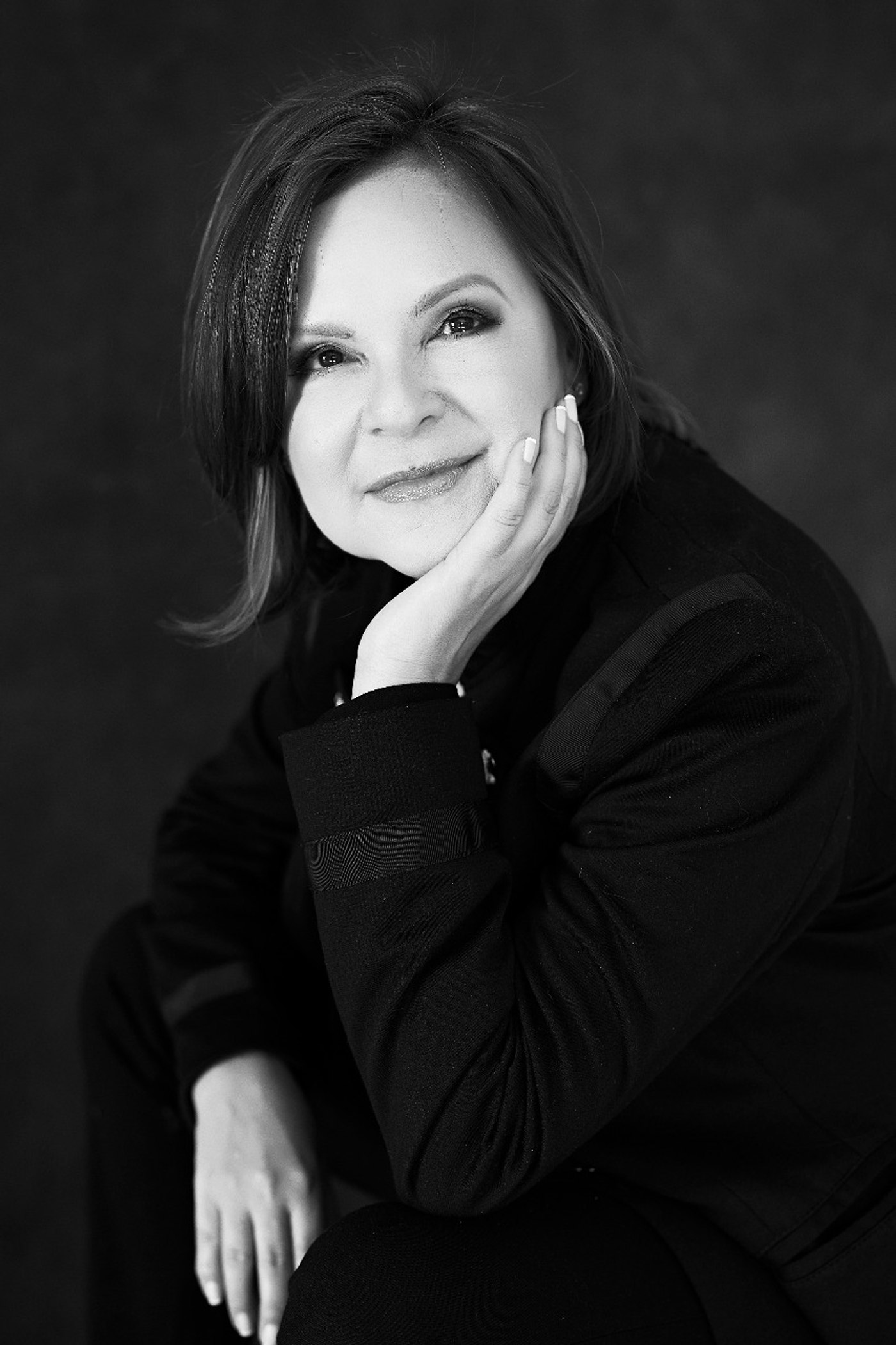 Black and white portrait photograph of Irene Murillo