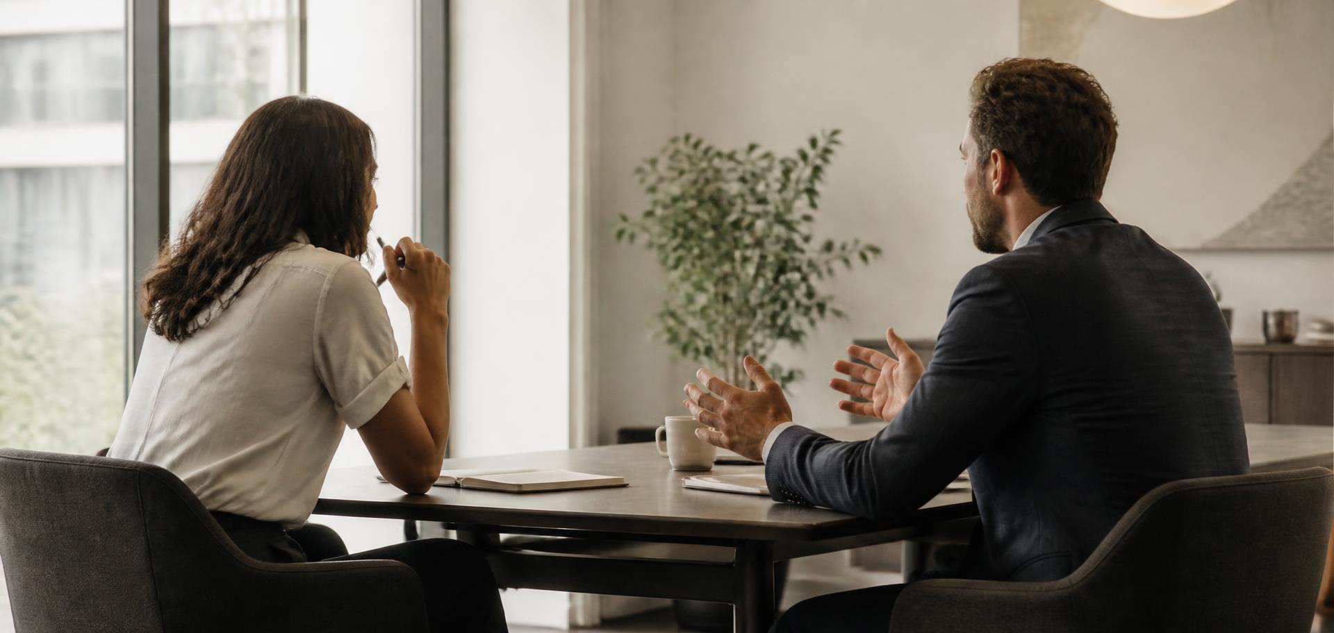 Two professionals in conversation across a table during a coaching session